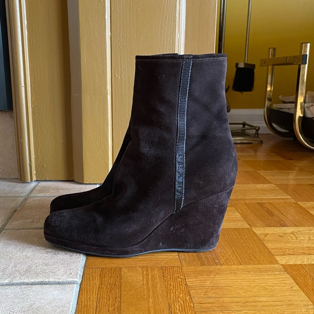 Prada Women’s Brown Suede Wedge Ankle Boots